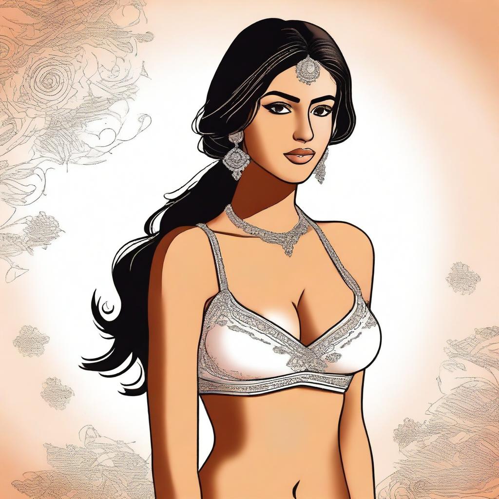 A digital illustration of an Indian girl wearing a bra