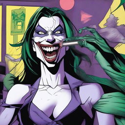 A dramatic scene featuring Huntress from DC Comics being exposed to Joker's laughing gas