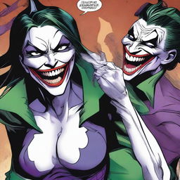 A dramatic scene featuring Huntress from DC Comics being exposed to Joker's laughing gas