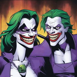 A dramatic scene featuring Huntress from DC Comics being exposed to Joker's laughing gas