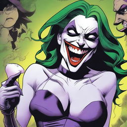 A dramatic scene featuring Huntress from DC Comics being exposed to Joker's laughing gas