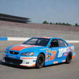 A Daewoo car reimagined in a NASCAR theme, flaunting bright hues, race-ready modifications, and decorated with a range of sponsor decals.