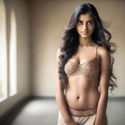 An Indian girl with long, flowing hair, wearing a bra