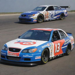 A Daewoo car reimagined in a NASCAR theme, flaunting bright hues, race-ready modifications, and decorated with a range of sponsor decals.