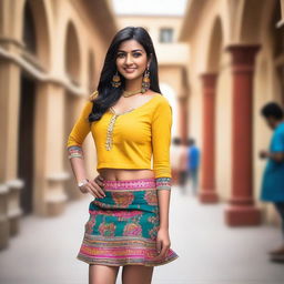 A beautiful Indian woman wearing a short skirt, standing confidently with a captivating smile