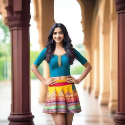 A beautiful Indian woman wearing a short skirt, standing confidently with a captivating smile