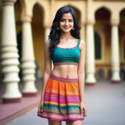 A beautiful Indian woman wearing a short skirt, standing confidently with a captivating smile