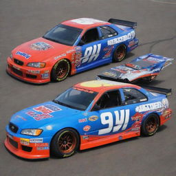 A Daewoo car reimagined in a NASCAR theme, flaunting bright hues, race-ready modifications, and decorated with a range of sponsor decals.