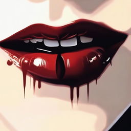 A close-up of lips with fangs slightly showing, a drop of blood on the corner of the mouth