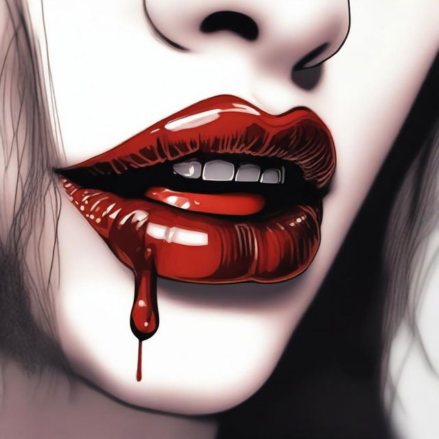 A close-up of lips with fangs slightly showing, a drop of blood on the corner of the mouth