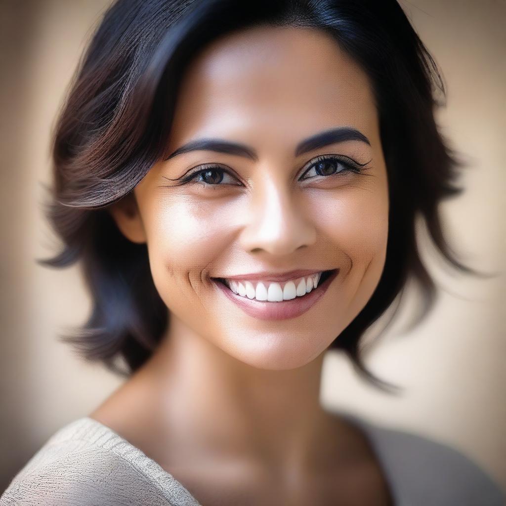 A beautiful and serene portrait of a woman named Morena, with a warm and inviting smile