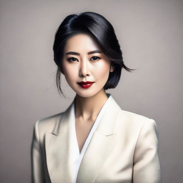 A stylish and elegant portrait of a Japanese woman with a confident and alluring expression