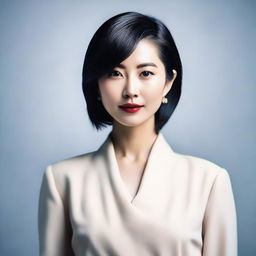 A stylish and elegant portrait of a Japanese woman with a confident and alluring expression