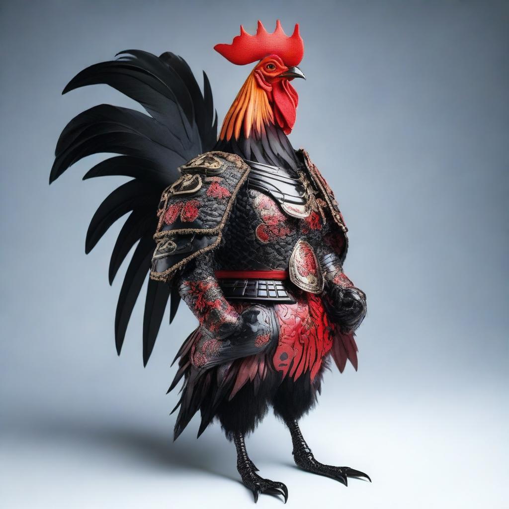 A full body shot of a humanoid rooster with black feathers, standing tall and proud while wearing intricate black and red samurai armor