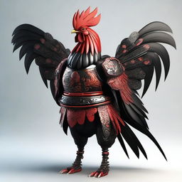 A full body shot of a humanoid rooster with black feathers, standing tall and proud while wearing intricate black and red samurai armor