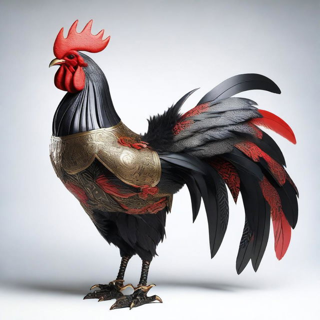 A full body shot of a humanoid rooster with black feathers, standing tall and proud while wearing intricate black and red samurai armor