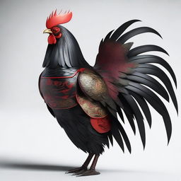 A full body shot of a humanoid rooster with black feathers, standing tall and proud while wearing intricate black and red samurai armor