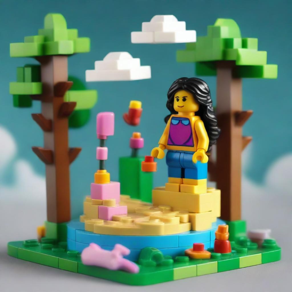 Create a whimsical and fantastical image of a girl named Fa'ezeh in a Lego style