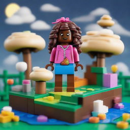 Create a whimsical and fantastical image of a girl named Fa'ezeh in a Lego style