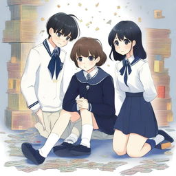 A black and navy blue book cover featuring a girl in a preppy uniform and a boy also in a preppy uniform