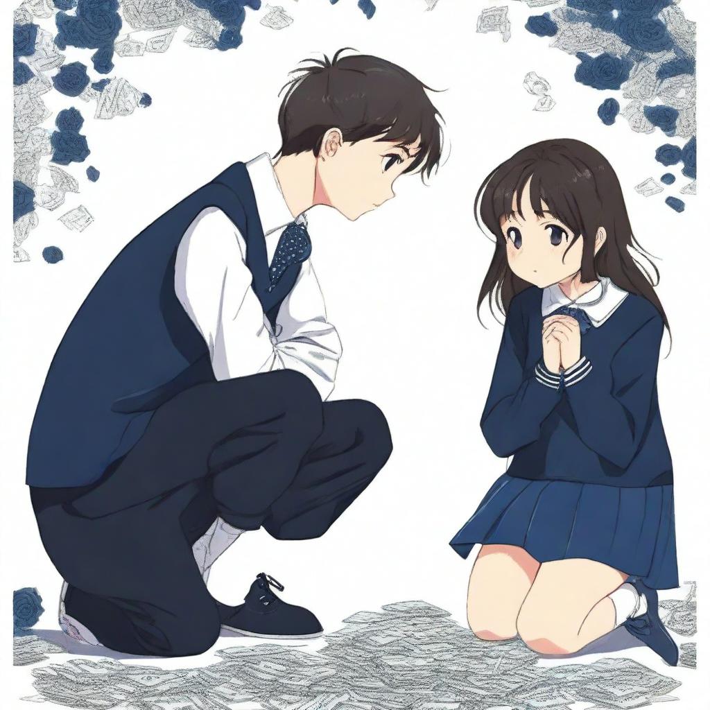 A black and navy blue book cover featuring a girl and a boy in preppy uniforms