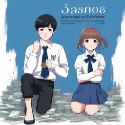 A black and navy blue book cover featuring a girl and a boy in preppy uniforms