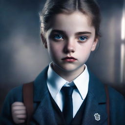 Create a cinematic book cover featuring a girl in a private school uniform, looking desperate for power