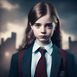 Create a cinematic book cover featuring a girl in a private school uniform, looking desperate for power