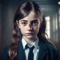 Create a cinematic book cover featuring a girl in a private school uniform, looking desperate for power