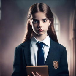 Create a cinematic book cover featuring a girl in a private school uniform, looking desperate for power