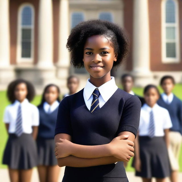 A black teen girl wearing a private school uniform standing confidently in front of a sophisticated school building