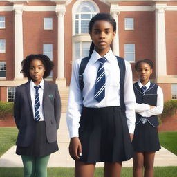 A black teen girl wearing a private school uniform standing confidently in front of a sophisticated school building