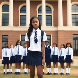 A black teen girl wearing a private school uniform standing confidently in front of a sophisticated school building