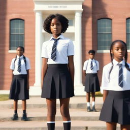 A black teen girl wearing a private school uniform standing confidently in front of a sophisticated school building