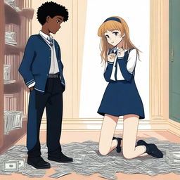 A black and navy blue book cover depicting a girl in a preppy uniform and a boy wearing crowns