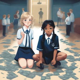 A black and navy blue book cover depicting a girl in a preppy uniform and a boy wearing crowns