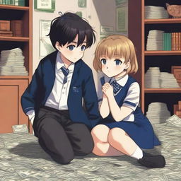 A black and navy blue book cover depicting a girl in a preppy uniform and a boy wearing crowns