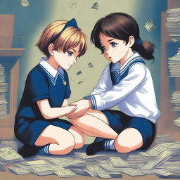 A black and navy blue book cover depicting a girl in a preppy uniform and a boy wearing crowns