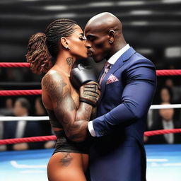 Generate an image of a black boxer with broad shoulders and tattoos across his upper body holding a small Asian woman in his arms and kissing her