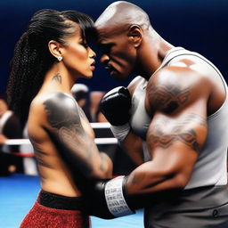 Generate an image of a black boxer with broad shoulders and tattoos across his upper body holding a small Asian woman in his arms and kissing her