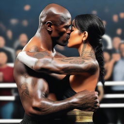 Generate an image of a black boxer with broad shoulders and tattoos across his upper body holding a small Thai woman in his arms and kissing her