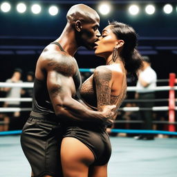 Generate an image of a black boxer with broad shoulders and tattoos across his upper body holding a small Thai woman in his arms and kissing her