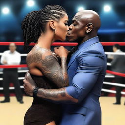 Generate an image of a black boxer with broad shoulders and tattoos across his upper body holding a small Thai woman in his arms and kissing her