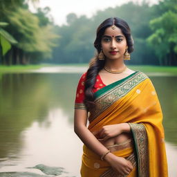 A beautiful Bengali girl wearing a traditional saree, adorned with intricate jewelry and a bindi on her forehead