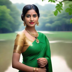 A beautiful Bengali girl wearing a traditional saree, adorned with intricate jewelry and a bindi on her forehead