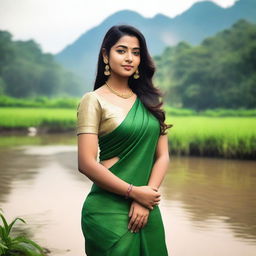 A beautiful Bengali girl wearing a traditional saree, adorned with intricate jewelry and a bindi on her forehead