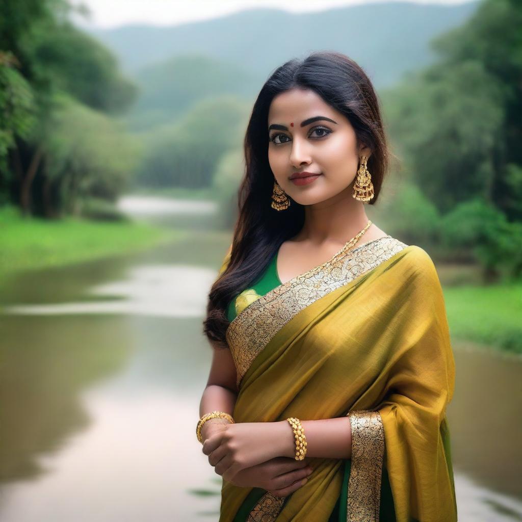 A beautiful Bengali girl wearing a traditional saree, adorned with intricate jewelry and a bindi on her forehead