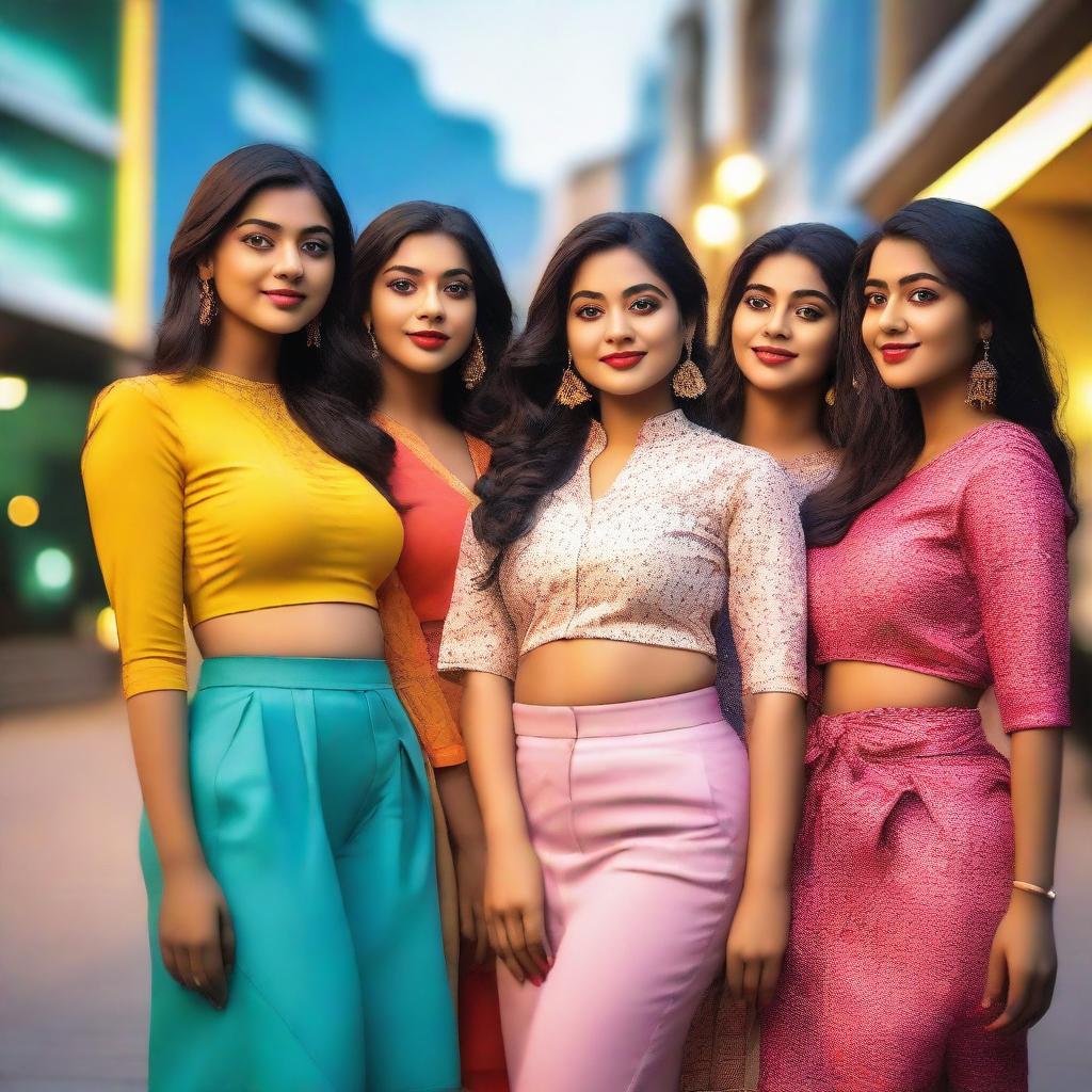 A group of Bengali girls wearing fashionable and stylish outfits, posing confidently