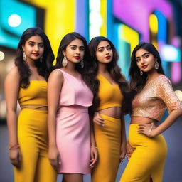 A group of Bengali girls wearing fashionable and stylish outfits, posing confidently