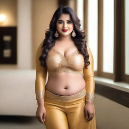 A curvy, busty Bengali girl with fair skin, dressed in a stylish and modern outfit